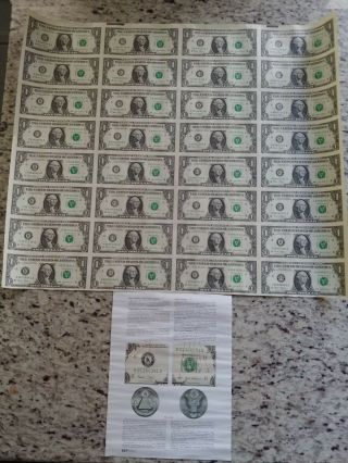 2003 Uncut Sheet 32 X $1 Bill Dollar Federal Reserve Notes