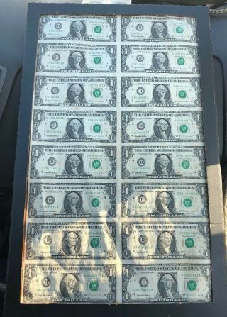 1995 Uncut Sheet Of Sixteen Us $1 One Dollar Bills