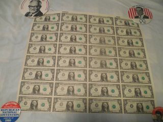 Uncut Currency Sheet Of 32 Series 1985 $1 One Dollar Bills Paper Money Notes