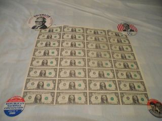 Uncut Currency Sheet Of 32 Series 1985 $1 One Dollar Bills Paper Money Notes 2