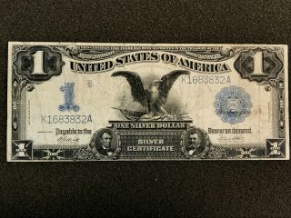 1899 $1 Black Eagle Large Size Silver Certificate Blue Seal Elliott - White F,