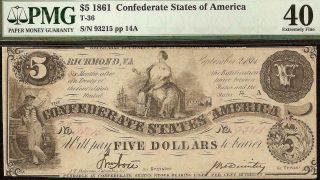 1861 $5 Dollar Bill Confederate States Currency Civil War Note Money T - 36 Pmg 40