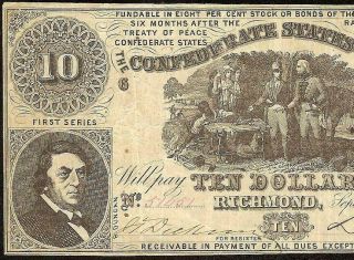1861 $10 Dollar Confederate States Currency Civil War Note Old Paper Money T - 30