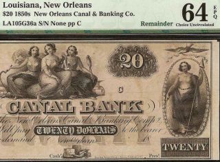 1850s $20 Dollar Orleans Canal Bank Note Louisiana Large Paper Money Pmg 64
