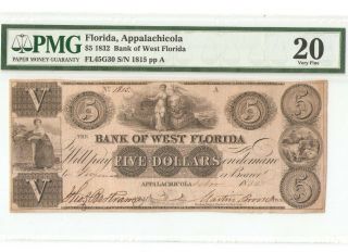 $5 1832 Bank Of West Florida Very Fine 20 Appalachicola Fl