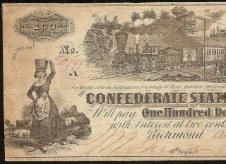 1862 $100 Dollar Confederate States Currency Civil War Note Paper Money T - 39