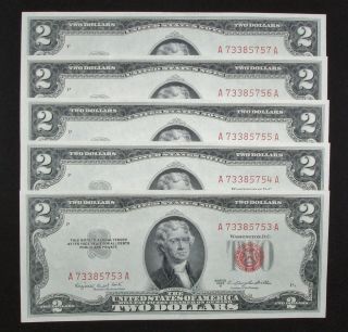 (5) 1953 $2 Dollar United States Notes - Consecutive Numbers - Usa