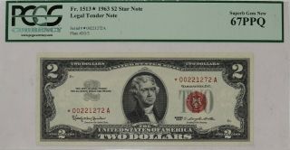 1963 $2 Red Seal Legal Tender Star Note Pcgs 67 Ppq Gem (272a)