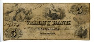 1855 Valley Bank Maryland Md Hagerstown $5 Large Note Obsolete Currency Aa1006