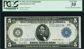 Fr.  855a $5 1914 Federal Reserve Note Pcgs Very Fine 30.