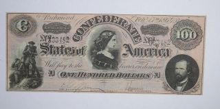 Civil War 1864 $100.  00 Confederate States Horse Blanket Note 699