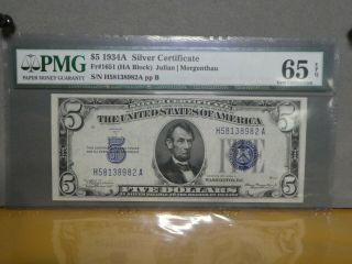 1934 - A $5.  00 Silver Certificate{pmg 65 - Epq} Ha Block, .