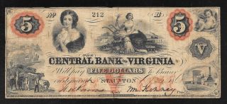 Central Bank Of Virginia - Obsolete 5 Dollar Note - 1860 - Fine