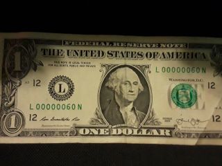 2013 $1 Low Serial Number L00000060n One Dollar Federal Reserve Note