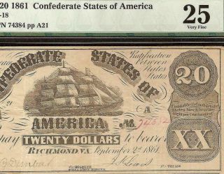 1861 $20 Dollar Confederate States Currency Civil War Ship Note Money T - 18 Pmg