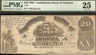 1861 $20 DOLLAR CONFEDERATE STATES CURRENCY CIVIL WAR SHIP NOTE MONEY T - 18 PMG 2