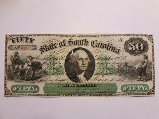 1873 The State Of South Carolina $50 Bank Note Au/unc
