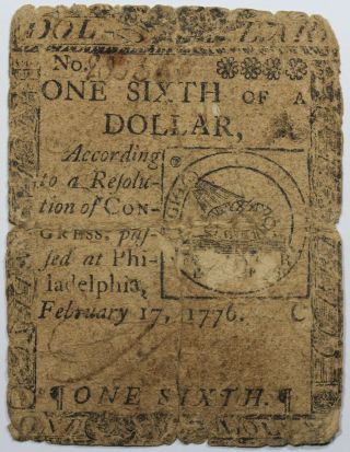 February 17,  1776 Continental Currency $1/6,  Fugio Note,  Fr.  Cc - 19,  G - Vg