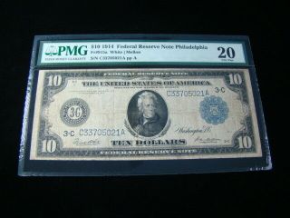 1914 $10.  00 Frn Philadelphia Large Size Banknote Fr 915a Pmg Graded Very Fine 20