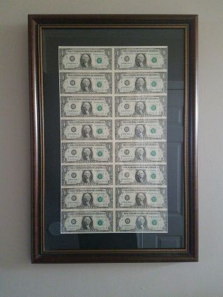 Uncut Sheet Of 16 $1 Dollar Bills Series 1981 Currency With Frame