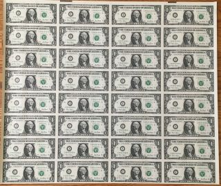 Uncut Sheet Of 32 $1 Bills - 2001 - Washington,  Dc - Bank Of Minneapolis
