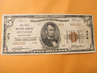1929 $5 The First National Bank Of Pittston,  Pennsylvania
