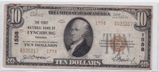 1929 $10 National Bank Lynchburg Virginia Ten Dollars National Currency
