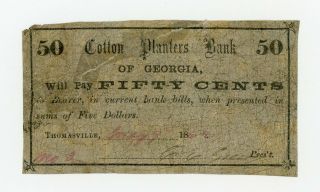 1862 50c The Cotton Planters Bank Of Georgia - Thomasville,  Georgia Note