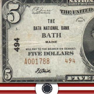 1929 $5 Bath,  Me National Bank Note Sagadahoc County Maine A001788