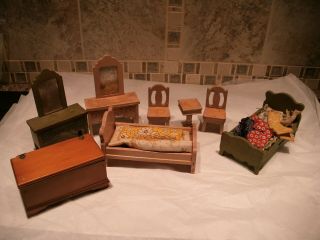Vintage Miniature Wooden Dollhouse Furniture,  Bedroom Etc