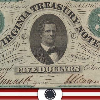1862 $5 Virginia Treasury Note,  Richmond,  Va Obsolete Currency 30348