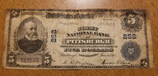 1902 First National Bank Of Pittsburgh $5 Five Dollar Note