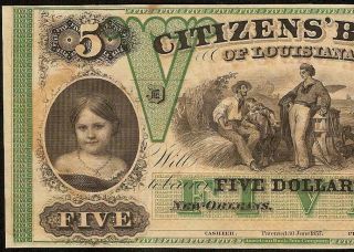 Unc 1800s $5 Dollar Bill Citizens Bank Louisiana Note Large Currency Paper Money