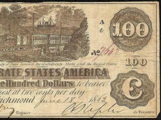 1862 $100 Dollar Confederate States Currency Civil War Note Old Paper Money T - 39