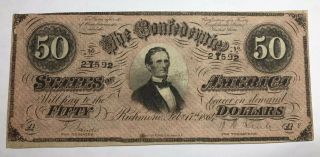 1864 $50 Confederate States Of America Note Richmond Color