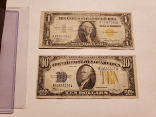 1935a $1 One & 1934a $10 Ten Dollar North Africa Silver Certificates Yellow Seal