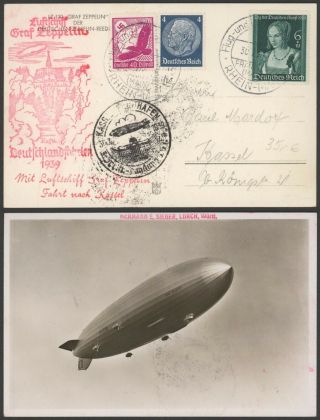 Germany 1939 - Zeppelin Flight Air Mail Postcard To Kassel 34828/13