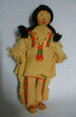 Vintage Native American Indian Doll,  Real Leather Dress,  Beads - Plains