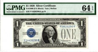 1928 $1 Silver Certificate Pmg 64 Epq Fr 1600 Tate / Mellon Choice Uncirculated