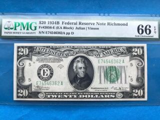 $20 1934 - B Federal Reserve Note 66 Epq.