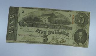 1863 $5 The Confederate States Of America.  Richmond.  Cu121/abe