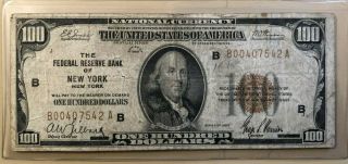 1929 $100 One Hundred Dollars Frbn York Federal Reserve Banknote