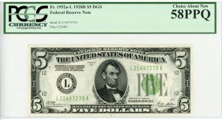 1928 - B Fr.  1952a - L $5 U.  S.  (san Francisco,  Ca) Federal Reserve Note - Pcgs 58 Ppq