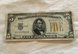 $5 Dollar North Africa Yellow Seal Silver Certificate Currency Bill 1934 Note