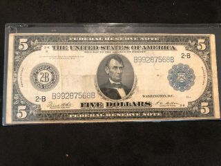 United States 1913 5 Dollar Federal Reserve Note Bill Series " 2 - B " Blue Seal