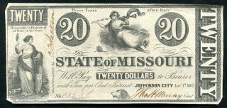1862 $20 Twenty Dollars The State Of Missouri Jefferson City,  Mo Obsolete (c)