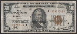 1929 $50 Federal Reserve Bank Note.  Kansas City,  Mo Brown Seal Fr.  1880 - J