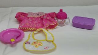 2006 Hasbro Baby Alive Dress,  Baby Wipes,  Magnetic Sippy & Spoon,  Bowl & Bib