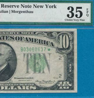 $10.  1934 - A Star York District Federal Reserve Note Pmg Vf35epq