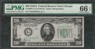 1934a $20 Chicago Federal Reserve Note - Pmg Gem Uncirculated Cu 66epq - C2c